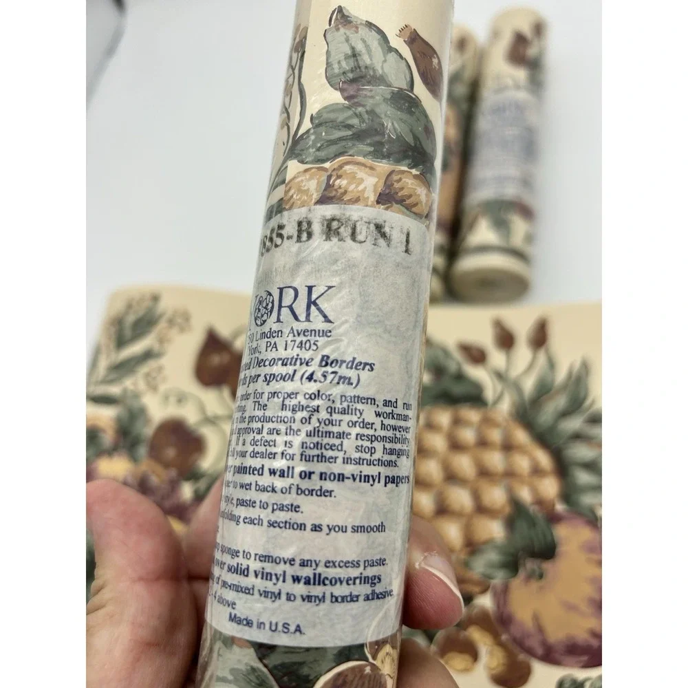 York VTG wallpaper border fruits‎ 3 Rolls Pineapple apples pear floral 15 Yards